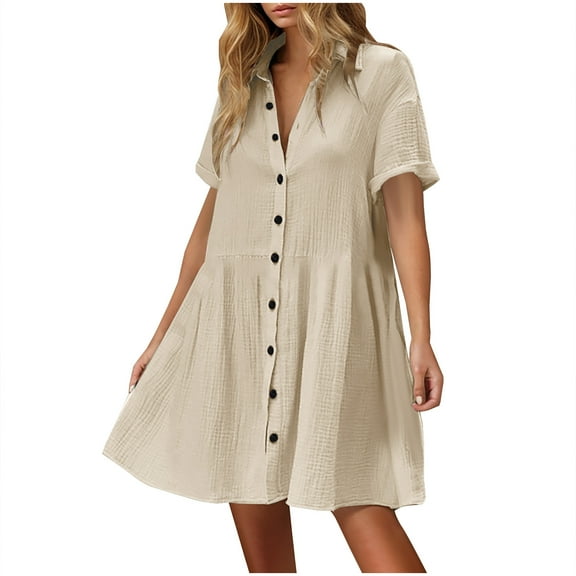 JSheng Womens Casual Shirt Dress Button Loose Turndown Collar Short Sleeve Solid Color Pleat Shirt Dresses Beige M