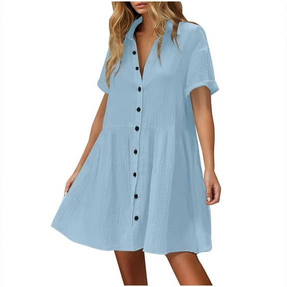 JSheng Womens Casual Shirt Dress Button Loose Turndown Collar Short Sleeve Solid Color Pleat Shirt Dresses Blue L
