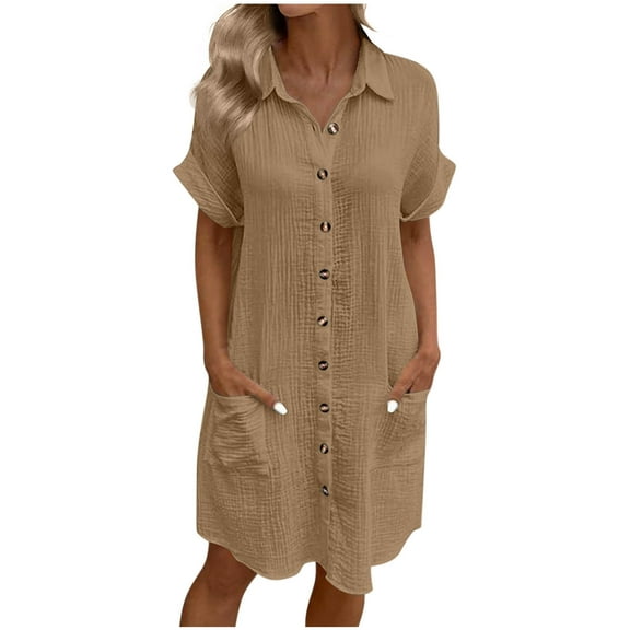 JSheng Womens Casual Shirt Dress Button Shirt Dress Loose Turndown Collar Short Sleeve Dresses with Pockets Khaki S