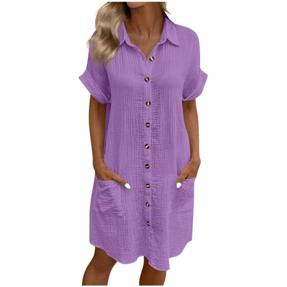 JSheng Womens Casual Shirt Dress Button Shirt Dress Loose Turndown Collar Short Sleeve Dresses with Pockets Purple M