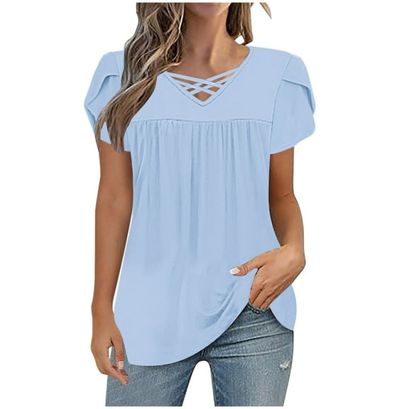 JSheng Womens Casual T-Shirt Plus Size New Short-sleeved V-neck Pullover Casual Solid Color Loose T-shirt Blue M
