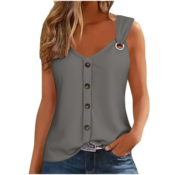JSheng Womens Casual Tank Tops Women's Solid Color Sleeveless Button T-Shirt Loose Tank Top Gray XL