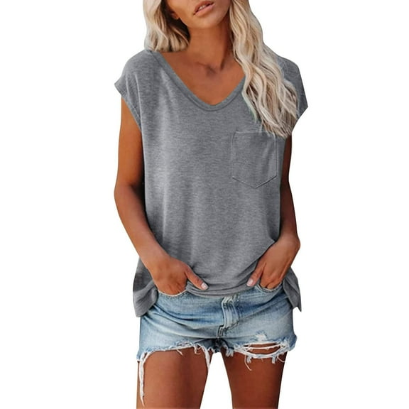 JSheng Womens Casual Tops 2025 Fashion Women's Summer V-Neck Solid Short Sleeve Casual T-shirt with Pocket Gray XXL