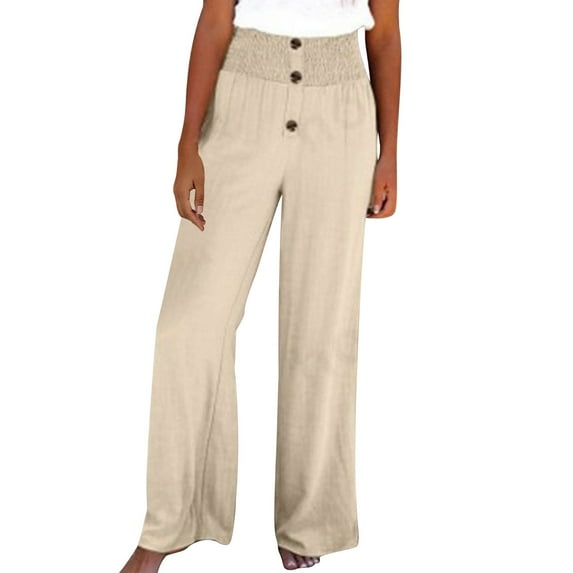 JSheng Womens Casual Wide Leg Pants Women Casual Solid Pants Button Comfortable Elastic High Waist Wide Leg Pants Beige S