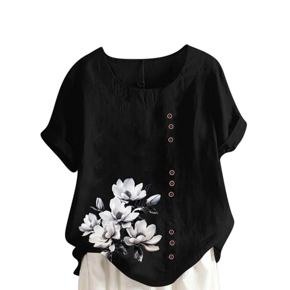 JSheng Womens Cotton Linen Shirts Plus Size Casual Short Sleeve Casual Round Neck Printed Blouse Loose Button Tunic Tops ZC-Black L