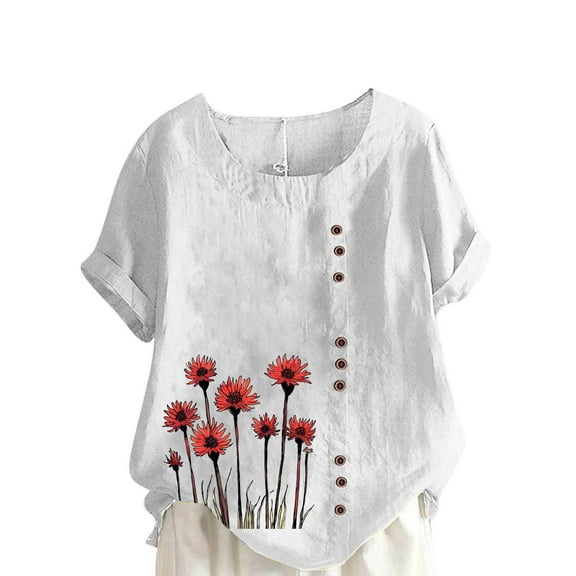 JSheng Womens Cotton Linen Shirts Plus Size Casual Short Sleeve Casual Round Neck Printed Blouse Loose Button Tunic Tops ZE-White S