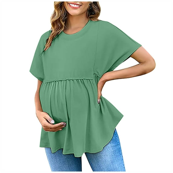 JSheng Womens Maternity Shirts Short Sleeve Crew Neck Loose Top Casual Summer Solid Color Pleat Blouses Top Green M