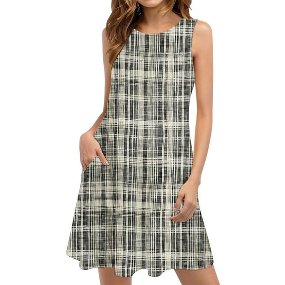 JSheng Womens Plaid Printing Summer Dresses Fashable Breathable Crew Neck Sleeveless Casual Long Maxi Dress