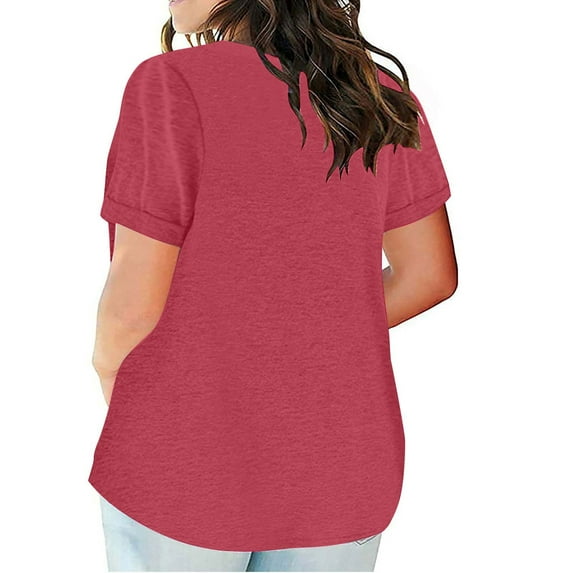 JSheng Womens Plus Size Tops V-neck Short Sleeve Solid Color Casual T-shirt with Fake Pocket Design Red XXXL