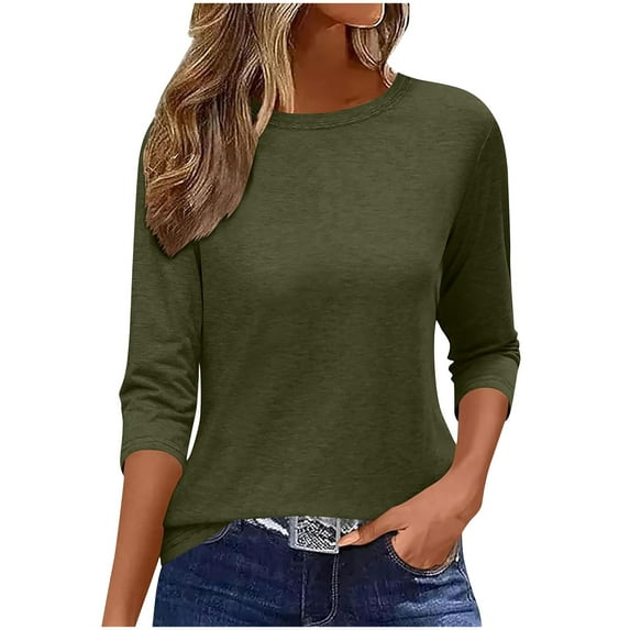 JSheng Womens Shirts 3/4 Sleeves Fashion Solid T-Shirt Three Quarter Sleeve Round Neck Casual Tops for Women Clearance Army Green S