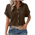 thumbnail image 1 of JSheng Womens Summer Button Blouse Women Fashion Solid Color Button Pocket Short Sleeve Turndown Collar Blouse Dark Brown XXL, 1 of 5