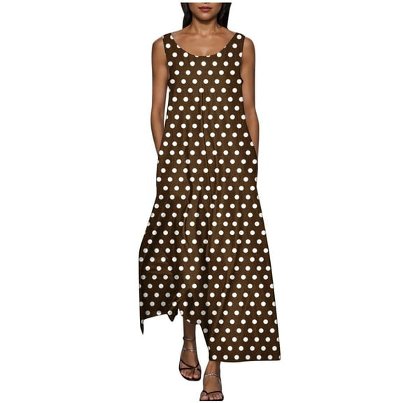 JSheng Womens Summer Casual Dresses Polka Dot Printed Sleeveless Round Neck Pocket Dress Comfy & Fashion Brown XXL