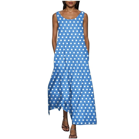 JSheng Womens Summer Casual Dresses Polka Dot Printed Sleeveless Round Neck Pocket Dress Comfy & Fashion Light Blue S