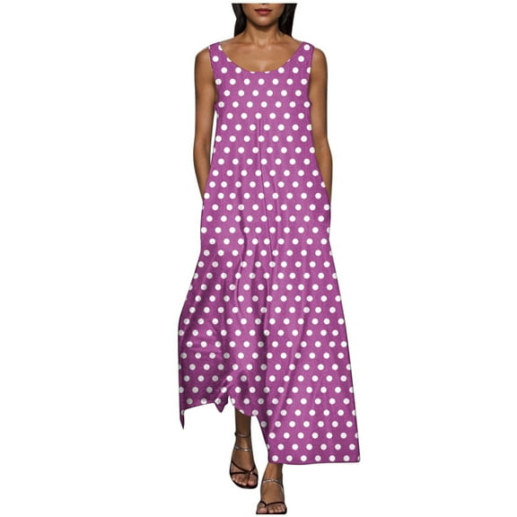 JSheng Womens Summer Casual Dresses Polka Dot Printed Sleeveless Round Neck Pocket Dress Comfy & Fashion Purple M
