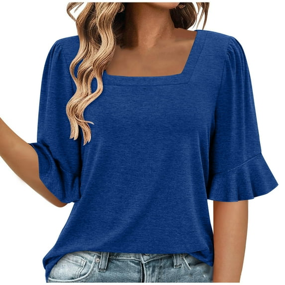 JSheng Womens Summer Casual Loose Tops Women's Fashion Summer Solid Color Short Sleeve Square-Neck Loose Blouses Blue XXL
