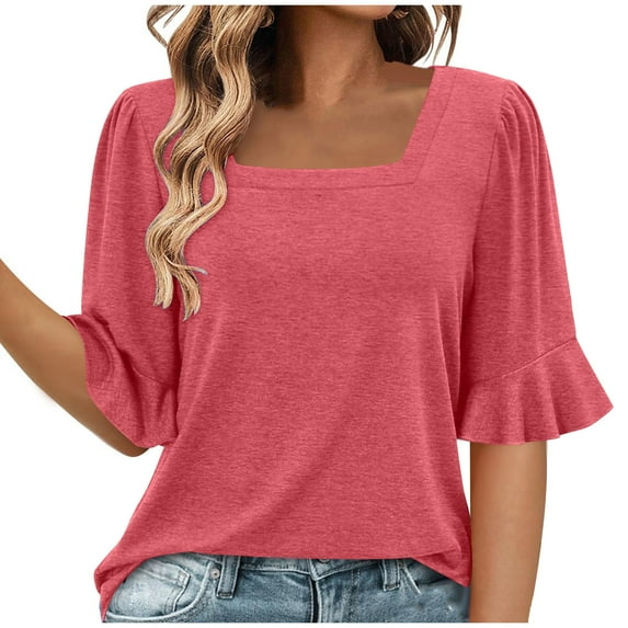 JSheng Womens Summer Casual Loose Tops Women's Fashion Summer Solid Color Short Sleeve Square-Neck Loose Blouses Hot Pink XXL
