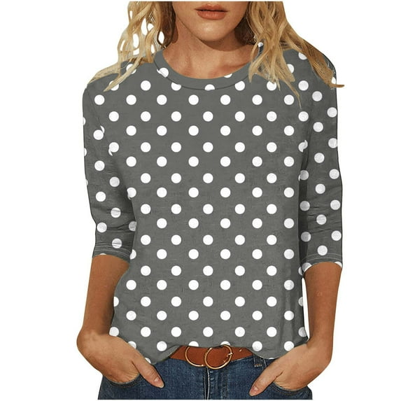 JSheng Womens Summer Casual Loose Tops Women's Fashion Summer Wave point 3/4 Sleeve Round Neck Loose Blouses Gray XXXXXL