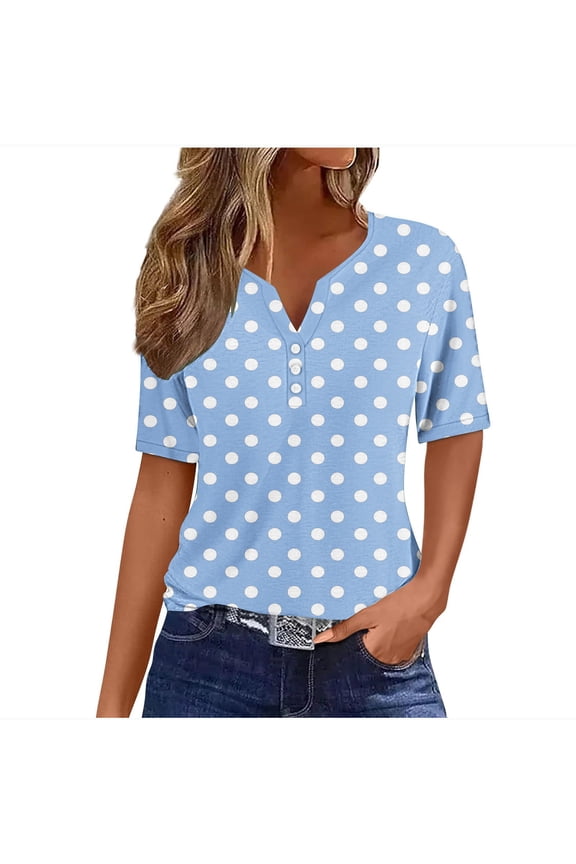 Womens Summer Casual Loose Tops Women's Fashion Summer Wave point Short Sleeve V-Neck Loose Blouses Light Blue M