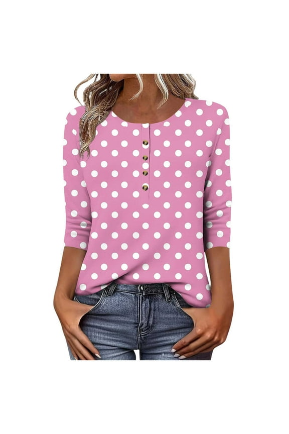 Womens Summer Casual Loose Tops Women's Fashion Wave point 3/4 Sleeve Round Neck Button Loose Blouses Hot Pink S