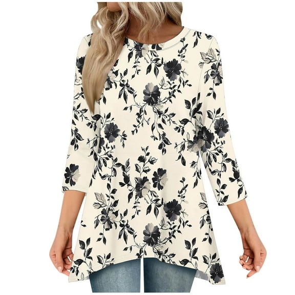 JSheng Womens Summer Casual Printed Tops Fashion Printed 3/4 Sleeve Round Neck Loose Comfy Blouses Khaki M