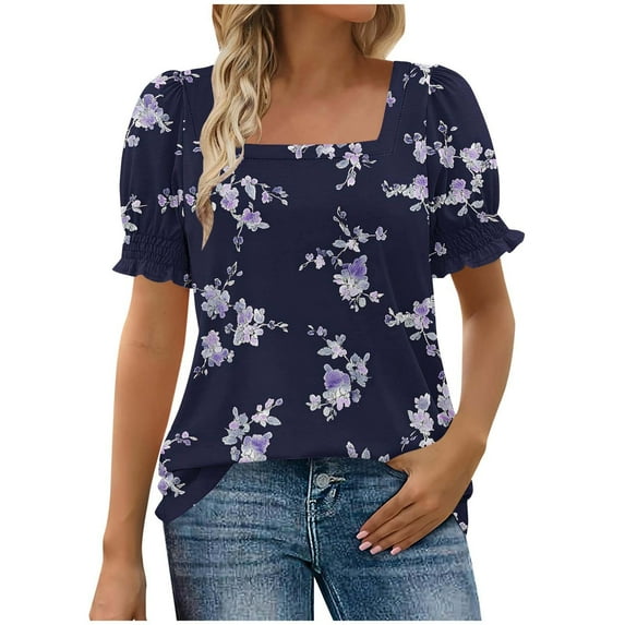 JSheng Womens Summer Casual Printed Tops Fashion Printed Short Sleeve Square Neck Loose Comfy Blouses Navy S