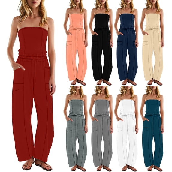 JSheng Womens Summer Jumpsuits Casual Strapless Off The Shoulder Summer Rompers Sleeveless Outfits With Pockets A-Orange L