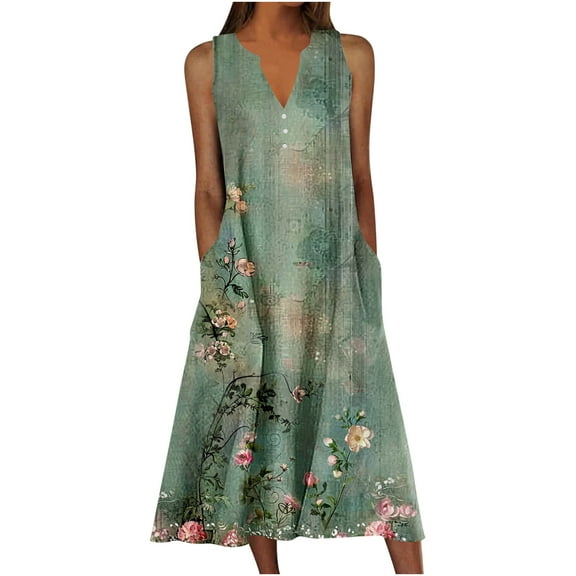 JSheng Womens Summer Print Maxi Dresses Fashable V-Neck Sleeveless Floral Print Casual Flowy Dress
