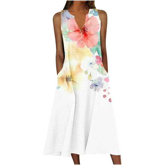 JSheng Womens Summer Print Maxi Dresses Fashable V-Neck Sleeveless Floral Print Casual Flowy Dress