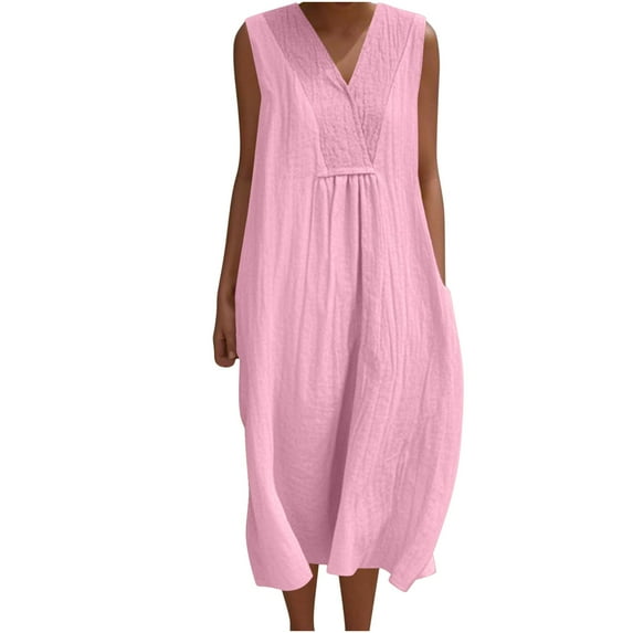 JSheng Womens Summer Sleeveless Dress Solid Sleeveless Round Neck Cotton Cotton And Linen Pocket Maxi Dress Pink M