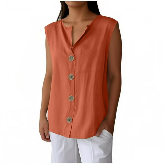 JSheng Womens Summer Sleeveless Tops Trendy Solid Color V-Neck Button Sleeveless Loose Comfy Shirt Top Orange S