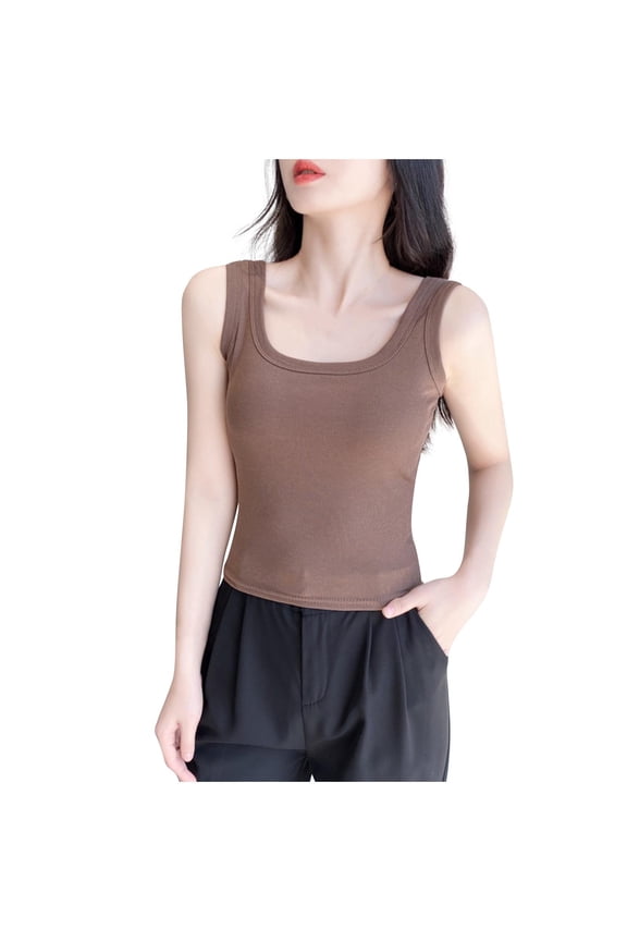 Womens Summer Tank Tops Sleeveless New Ladies Solid Color Threaded Square Neck Vest for Casual Dressing Coffee L