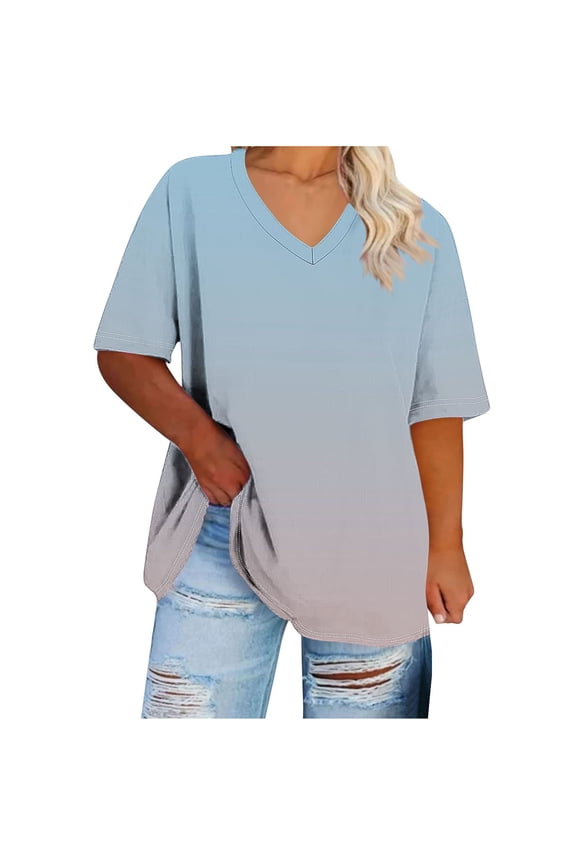 Womens T-Shirts Plus Size To 5XL Oversized Loose V-neck Short Sleeved Gradient Color Summer Casual T-shirt Blue XXL