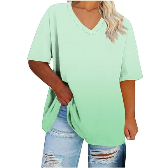JSheng Womens T-Shirts Plus Size To 5XL Oversized Loose V-neck Short Sleeved Gradient Color Summer Casual T-shirt Green XXL