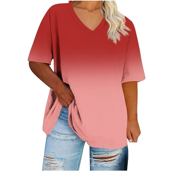 JSheng Womens T-Shirts Plus Size To 5XL Oversized Loose V-neck Short Sleeved Gradient Color Summer Casual T-shirt Wine XXXL