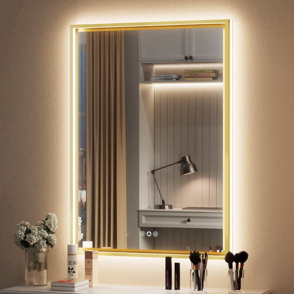 JSneijder 20x28 inch Gold LED Bathroom Mirror with front and back Lights, Ajustable 3000K/4500K/6000K, Lighted Bathroom Vanity Mirror, Wall Mounted, Dimmable, Anti-Fog