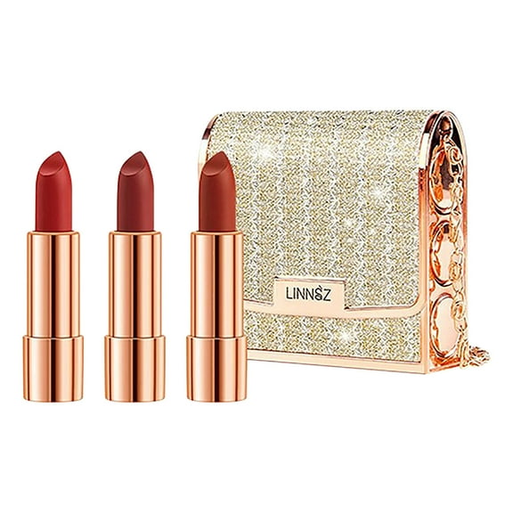 JT Beauty Store Matte Lipstick Set 3 Colors Lip Stick With Sliver Chain Bag Package Velvet Lip Stick Gift Box Set Waterproof Non-Stick Cup Long Lasting Retractable Red Lipstick Makeup Clearance A