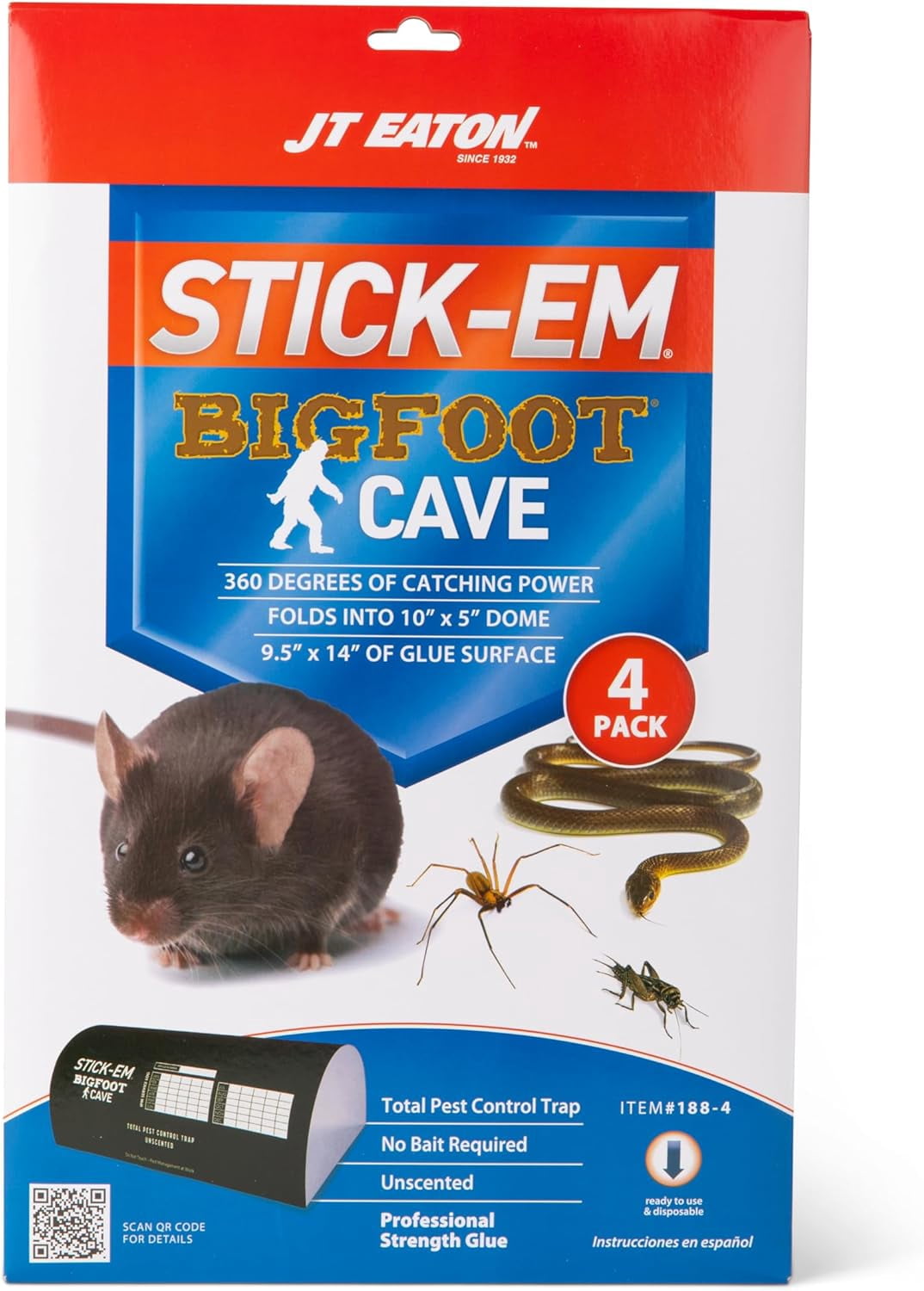JT EATON STICK-EM BIGFOOT CAVE GLUE TRAP FOR RODENTS, SNAKES 16" X 10" 4PK — Residential Use, Standard Application