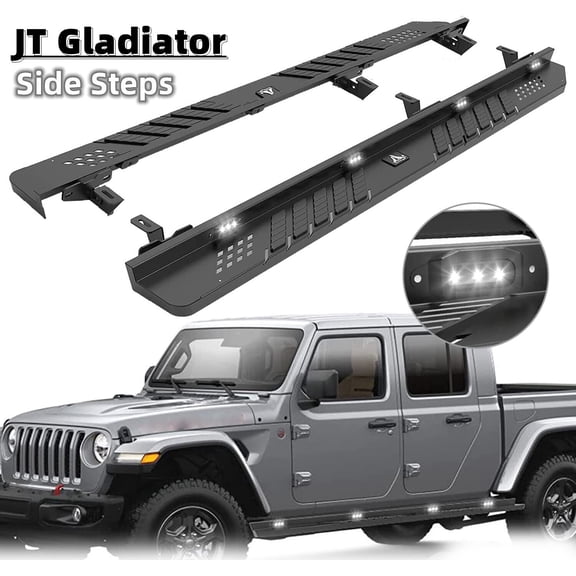 JT Gladiator Running Boards Side Steps for Jeep 2019 2020 2021 2022 2023 |6" Rock Slider Car Door Nerf Bars Step Rails with LED Light | 4 Full Size Door