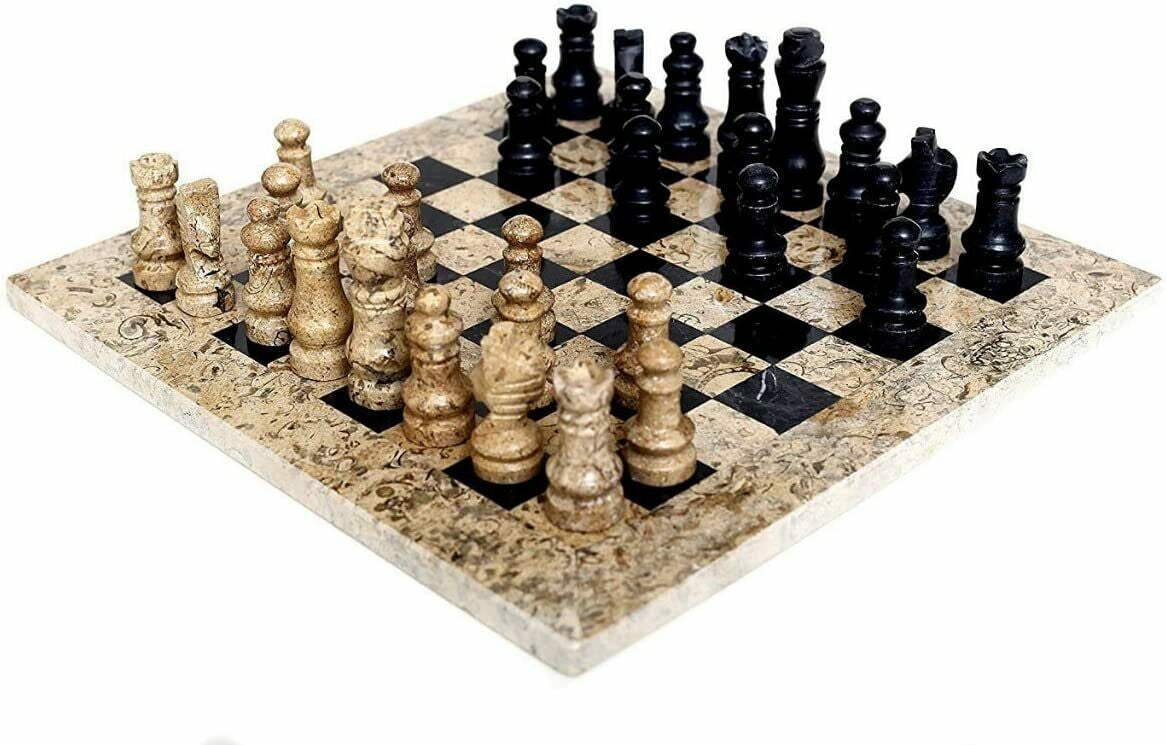 JT Handmade Fossil Coral and Black Marble Chess Set Game Original - 12 inches