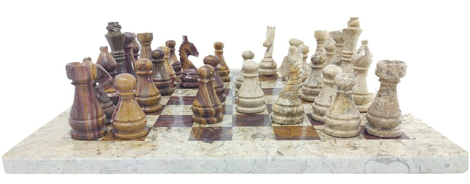 JT Handmade Fossil Coral and Dark Brown / Red Marble Chess Game Set – 12 inch