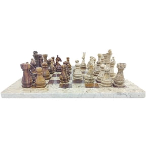 JT Handmade Fossil Coral and Dark Brown / Red Marble Chess Game Set 12 inch
