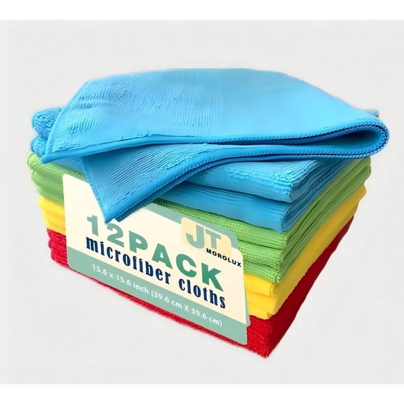 JT Morolux 16'x16' Microfiber Cleaning Cloths - Multi-Purpose, Machine Washable, Absorbent Towels for Kitchen, Car, Home Appliances-12pack