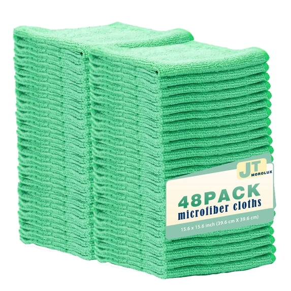 JT Morolux 16'x16' Microfiber Cleaning Cloths - Multi-Purpose, Machine Washable, Absorbent Towels for Kitchen, Car, Home Appliances-48 pack Green