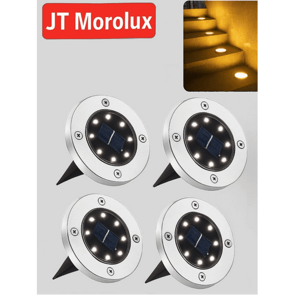 JT Morolux Solar Ground Lights- 4 pack, LED Disk Lights, White, Waterproof Outdoor Path Lights for Garden, Lawn, Walkway, Driveway（Warm White）