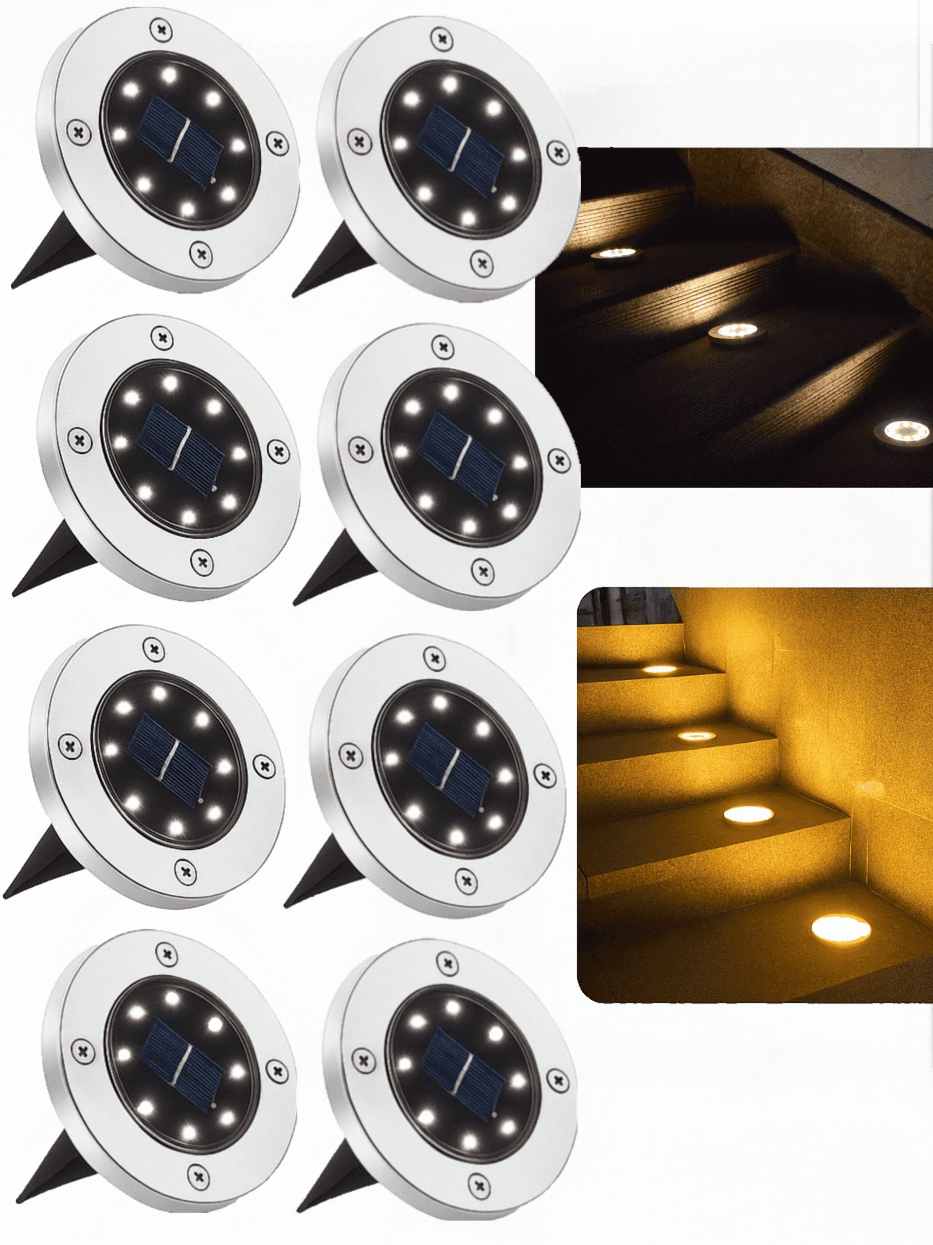 JT Morolux Solar Ground Lights- 8 pack, LED Disk Lights, White, Waterproof Outdoor Path Lights for Garden, Lawn, Walkway, Driveway（Warm White）