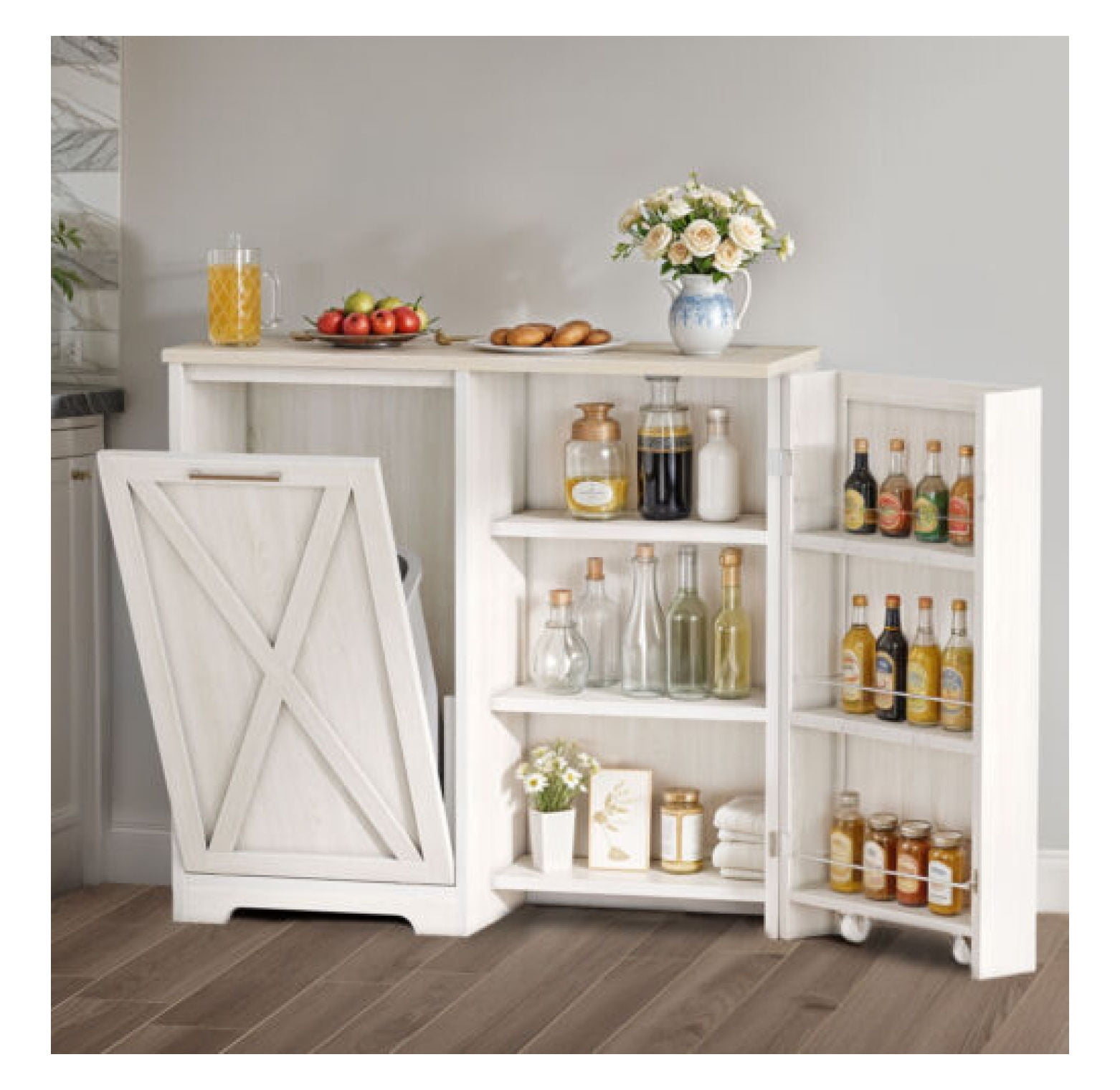 White Painted Tilt-Out Trash Cabinet with Adjustable Shelves