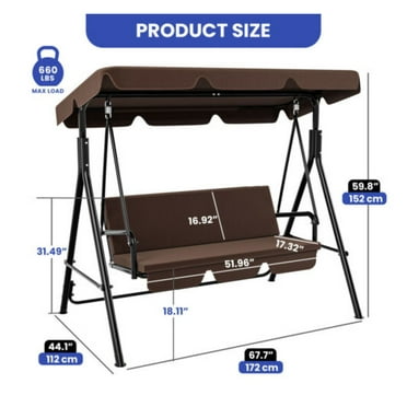 JTAOT 3 Person Porch Swing Hanging Patio Chair Outdoor Waterproof Adjustable Canopy