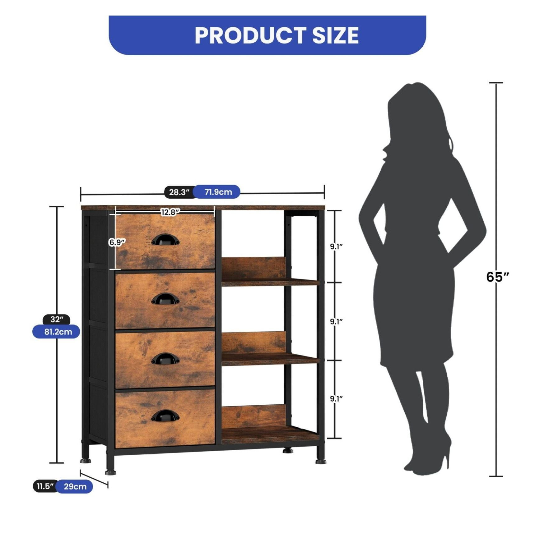 JTAOT 4 Drawers Dresser Brown Fabric Side Shelf Bin Chest of