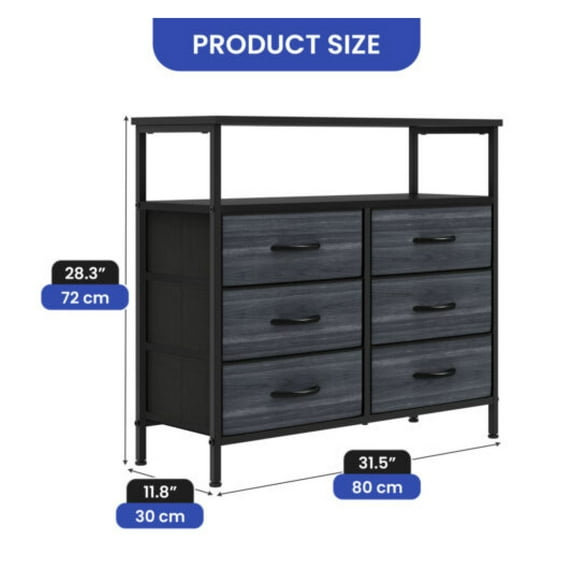 JTAOT 6 Drawers Dresser With Shelf Fabric Gray Organizer Bedroom Cabinet Furniture