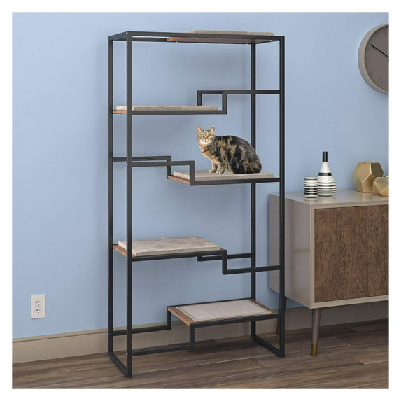 JTAOT 62 Inch Tall Metropolitan Cat Condo, Black Metal Frame Cat Tower, Multi-Level Modern Cat Tree for Indoor Cats, Brown Platforms with Gray Replaceable Cushions & Scratching Post